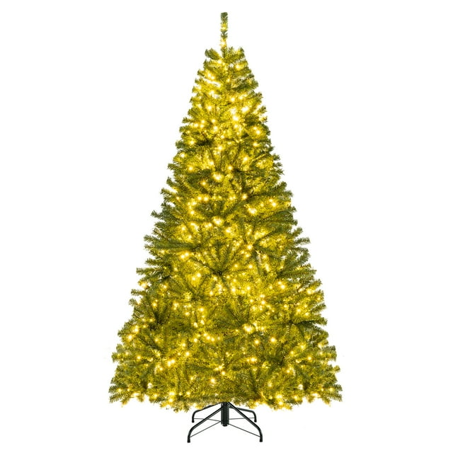 Costway 7 FT Pre-Lit Artificial Christmas Tree with 1098 Branch Tips 1000 Warm White LED Lights 3 Lighting Modes