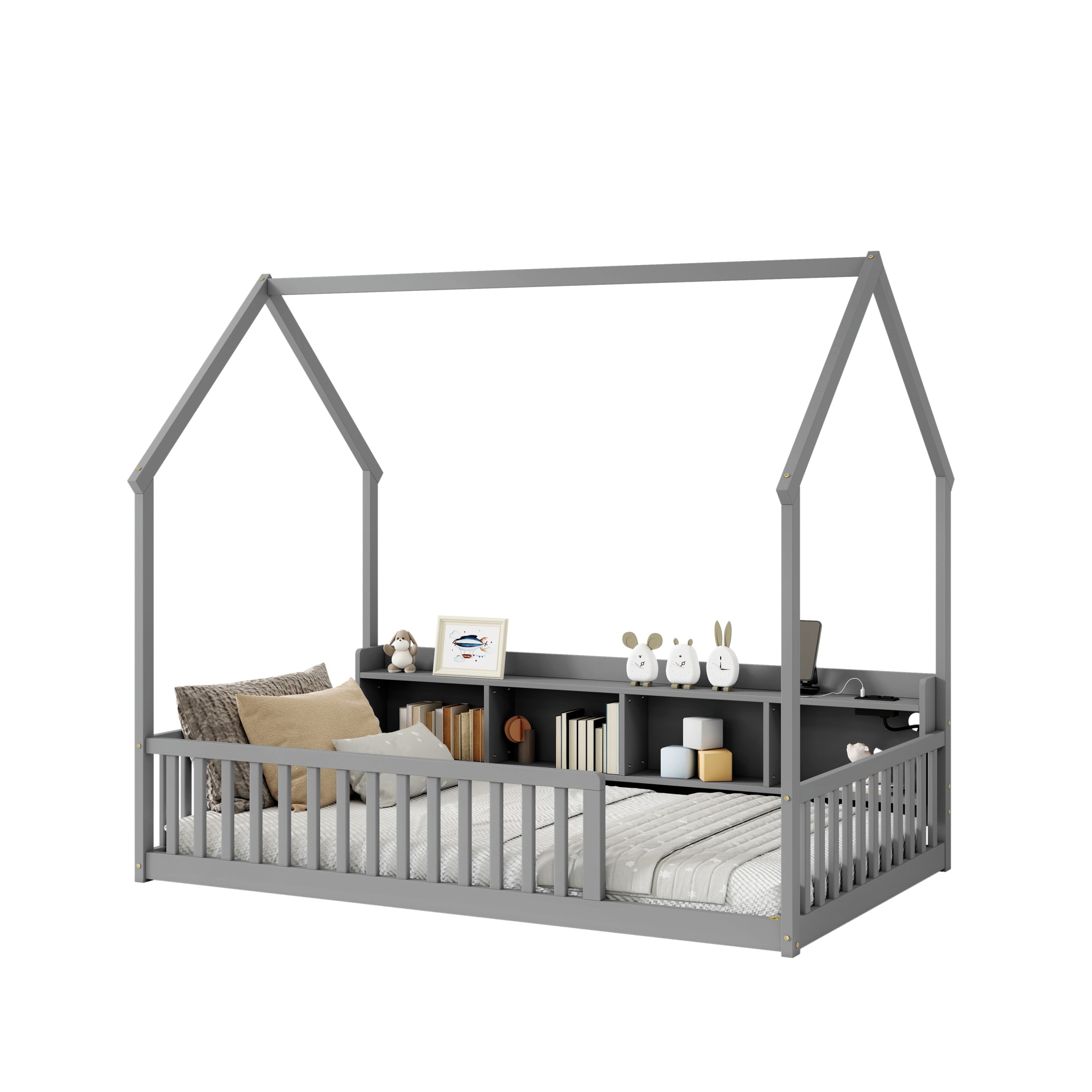 Noble House Norra Twin Size Pine Wooden House Floor Bed with Storage Shelves, LED Lights & Charging Station, Grey