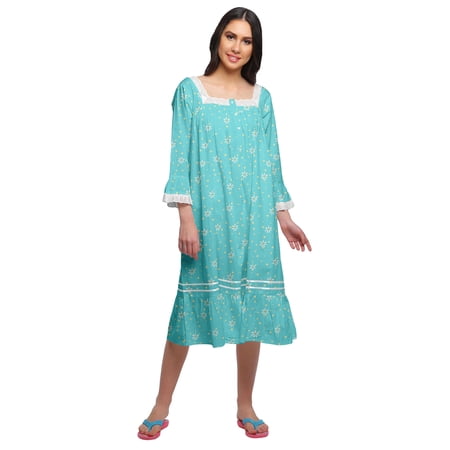 Moomaya WoMen s Flared Nightdress Long Sleeve Cotton Button Placket Nightwear