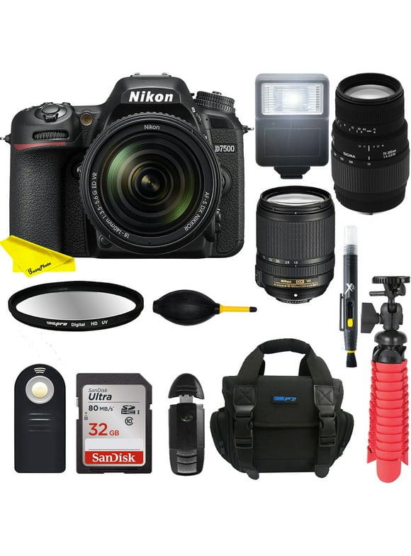 Nikon D7500 Black Digital SLR Camera with 18-140mm VR & 70-300mm f/4-5.6SLD DG Macro Telephoto Lens + Buzz-Photo Bundle