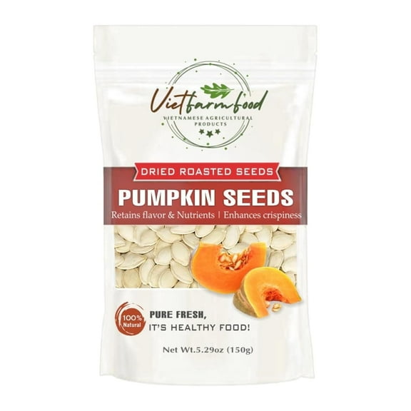 ROASTED PUMPKIN SEEDS 5.29oz (150g) VIETFARMFOOD: Naturally dry roasted. No sugar, no oil, natural sweetness, characteristic fatty taste, crispy. Suitable as a topping, delicious, nutritious snack.