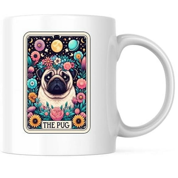 The Pug Tarot Card Coffee Mug - Pug Dog Breed - Pug Lover - Pug Pet Parent - Pug Mom - 11 Ounce Coffee Mug - Printed On Both Sides - Microwave & Dishwasher Safe - White Handle & Interior - BMCM00767