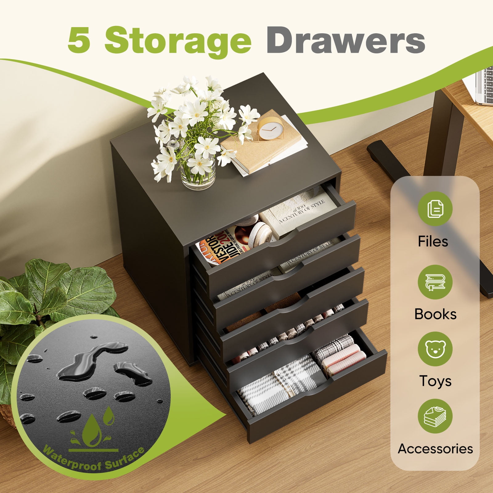 CONCETTA 5-Drawer Wooden Storage Chest, Mobile File Cabinet with Wheels, Versatile Dresser for Home, Office, or Bedroom Organization, Black