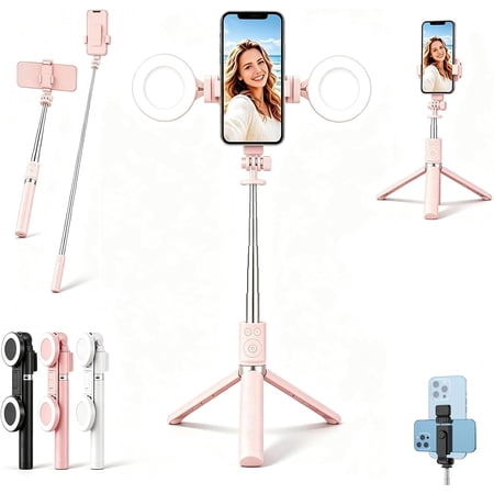 New 6 in 1 Selfie Stick with Fill Light, Stable Extendable Tripod for Phone, 360° Rotation for Live Stream Video Recording Vlogging Content Creator Essentials (Pink)