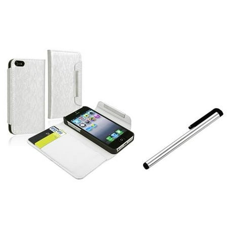 INSTEN For iPhone 5 Wallet Leather Case w/ Card Holder, White+Stylus