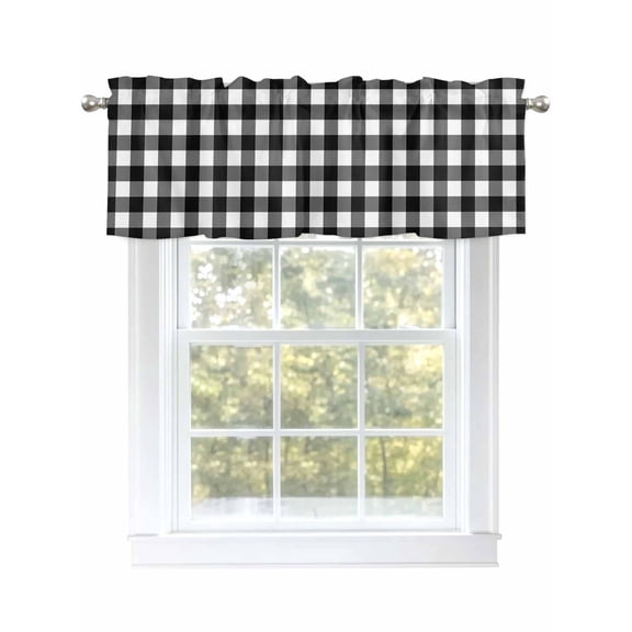 Black White Buffalo Plaid Valances for Windows, Rod Pocket Kitchen Valance Curtains - Soft & Washable Small Window Treatment for Living Room, Bathroom, Pastoral Checked , 42x12 Inch, 1 Panel