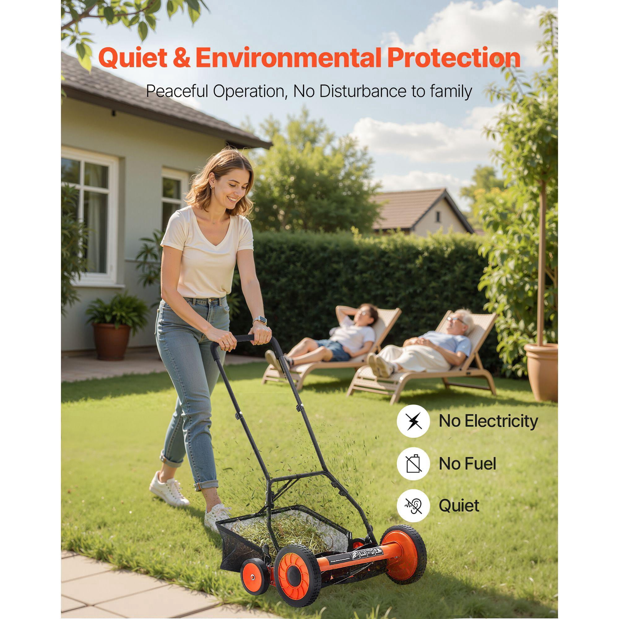 18 Inch Manual Push Reel Lawn Mower 5 Blades Adjustable Cutting Height 1.37-2.44 Inches with Grass Catcher Bag for Lawns Driveways Courtyards