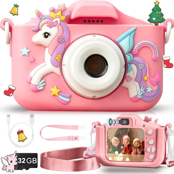 PayUSD Kids Camera Unicorn Selfie Camera Toys for Toddlers Ages 3 Girls Boys HD Digital Video Camera 32GB, Christmas Birthday Gifts, Pink