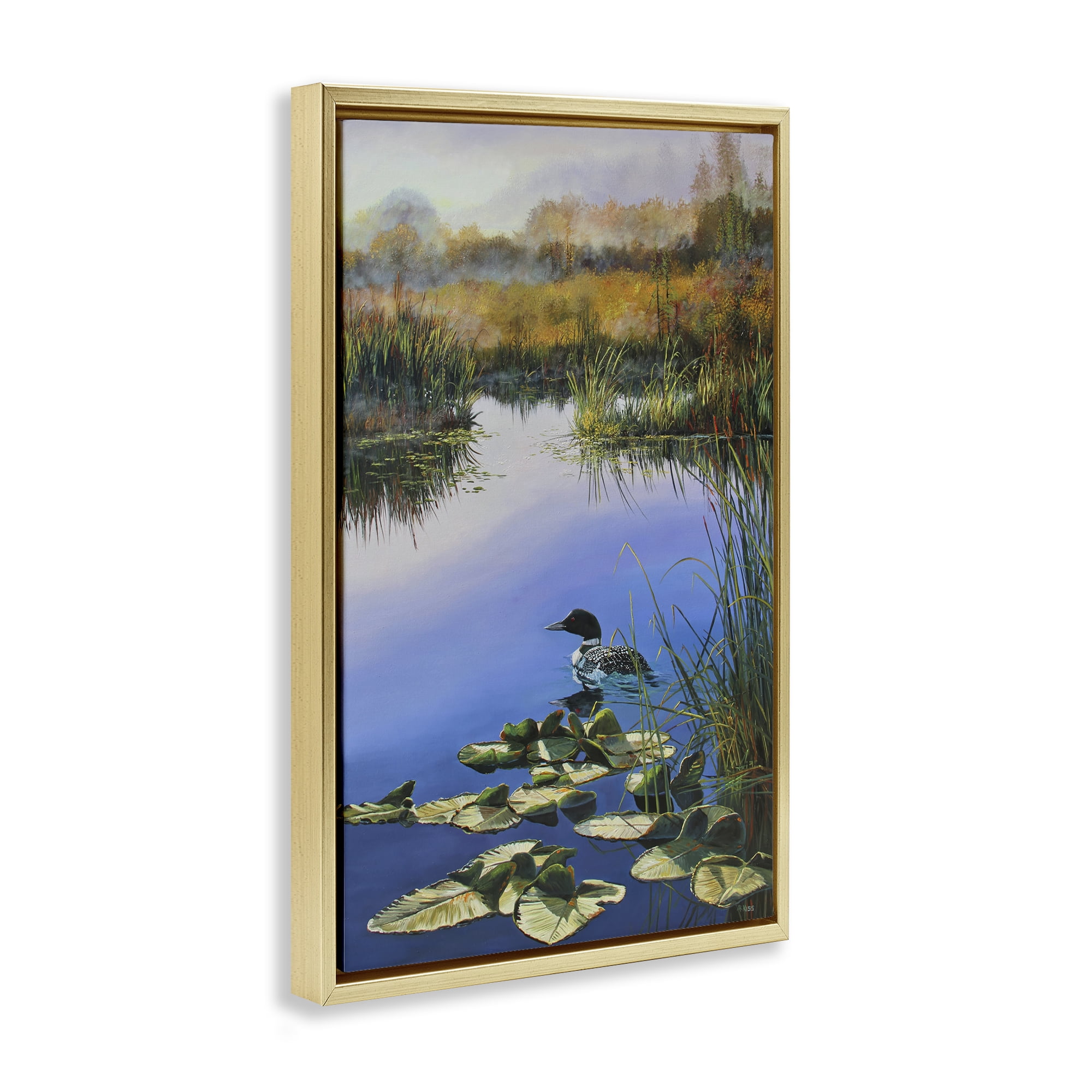 Stupell Industries Duck's Morning Solitude Landscape & Nature Painting Gold Floater Framed Canvas Art Print Wall Art, 21 x 31