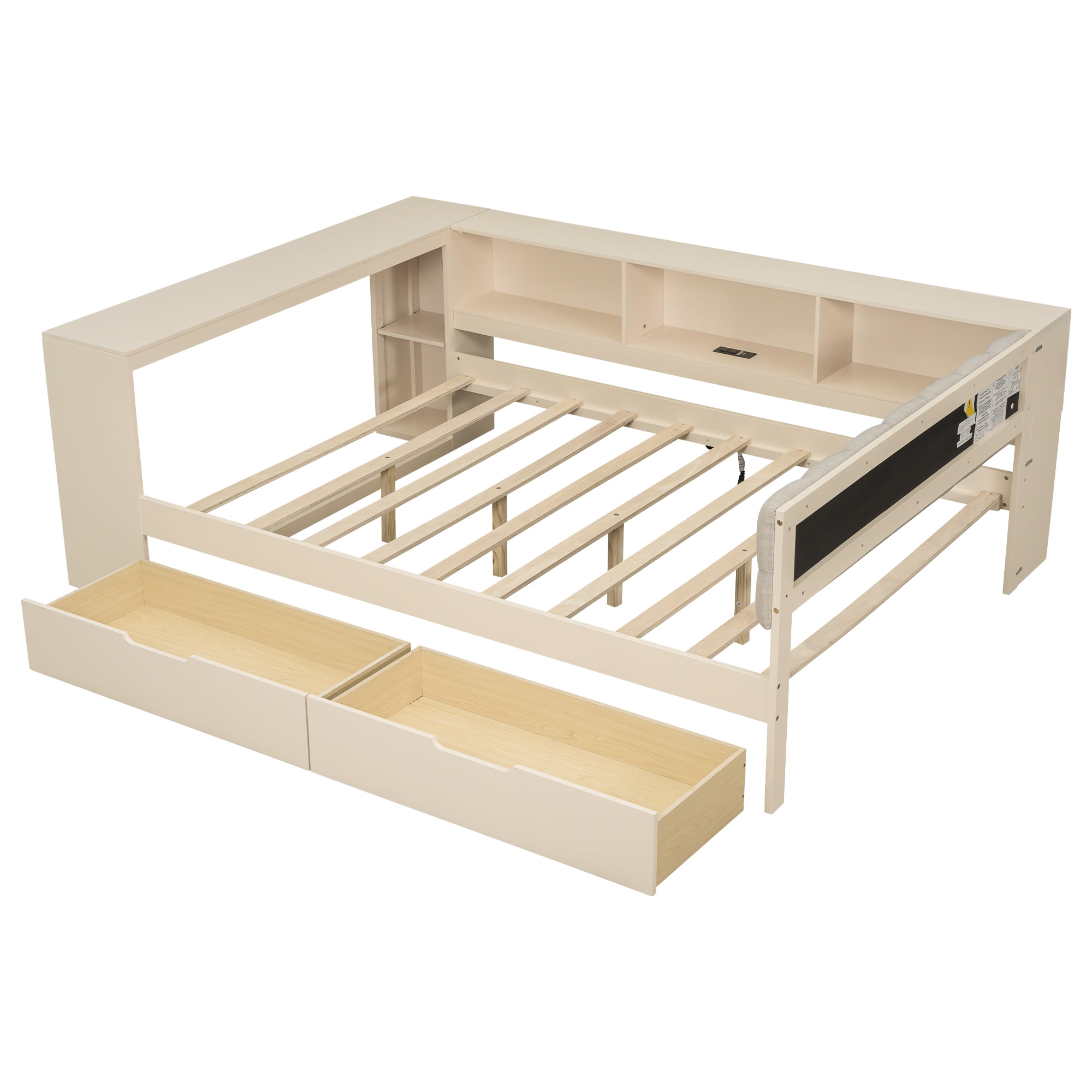Euroco Wood Full Size Platform Bed with Desk and Shelves, Drawers and USB Charging, Cream