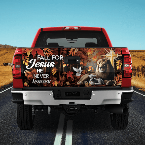 Lotusprinthandmade Lion and Lamb Jesus Fall For Jesus Tailgate Wrap 2 Sizes (24"x58"), Faith-Based Truck Wrap, Religious-Themed Tailgate Wrap