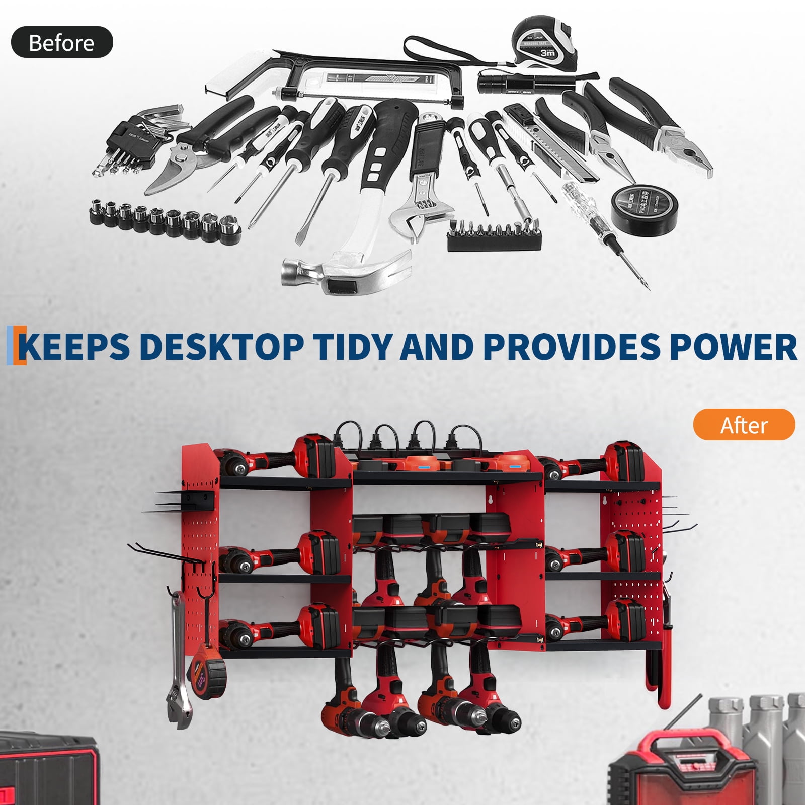 Ataucjin Heavy Duty Wall Mount Tool Organizer Rack, 3-Tier Metal Garage Storage with 8 Drill Slots & Hooks, 240 Lbs Capacity Power Tool Organizer for Workshop, Garage, Gift for Men
