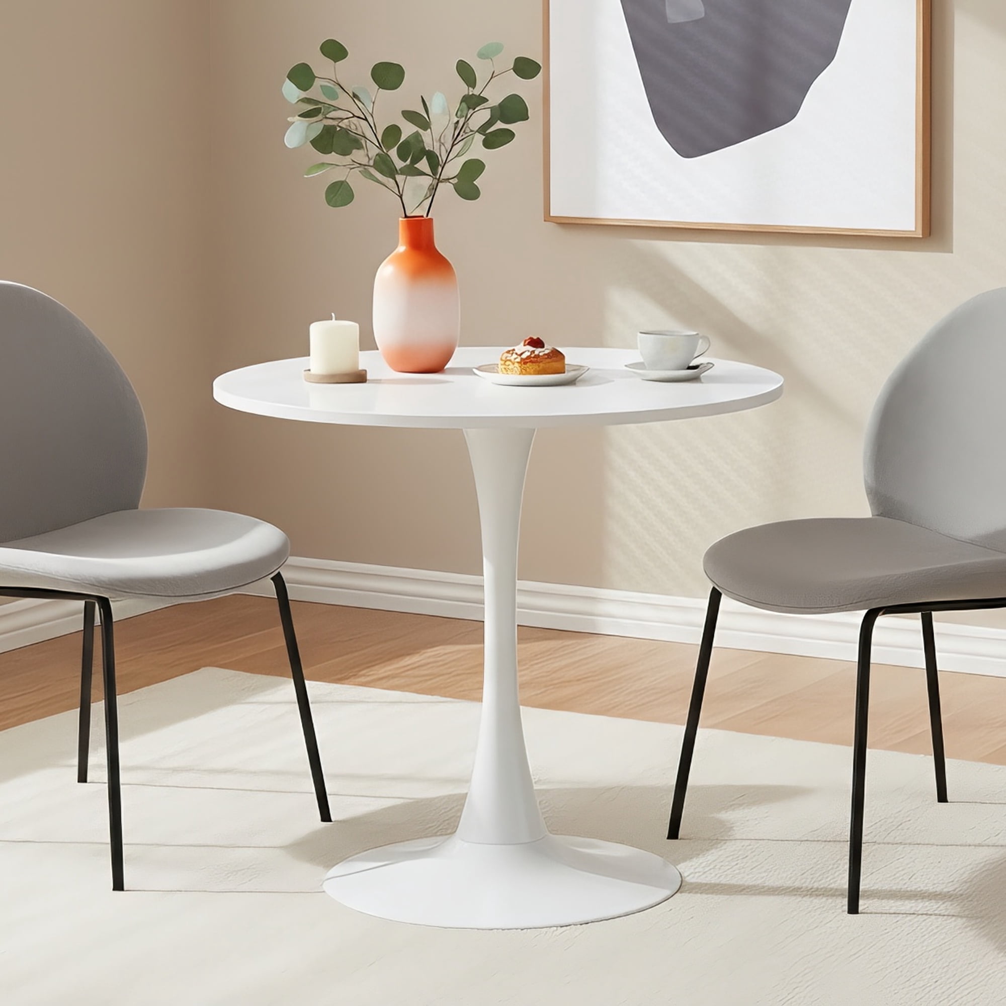 23.6" Round Dining Table with MDF Top & Metal Tulip Pedestal Frame for Kitchen, Living Room, Bedroom, White