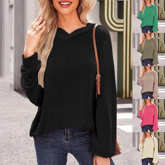 ATOYSOY Women's Solid Color Pullover with Pockets Loose Ribbed Sweaters Crew Neck Blouses Outwear Long Sleeve Dressy Tunic Tops Fall Winter Casual Hoodie Sweatshirts Green L