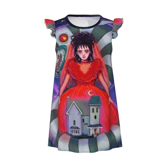 Beetlejuice Little Girls Nightgowns Print Flutter Sleeve Casual Pajamas Dress Soft Cute Toddler Kids Sleepwear 2-8 Years