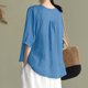 thumbnail image 3 of Camisa vintage de lino bordada para mujer: cuello en V holgado, manga 3/4, mezcla transpirable, jersey informal, blusa para todas las estaciones, 3 of 8