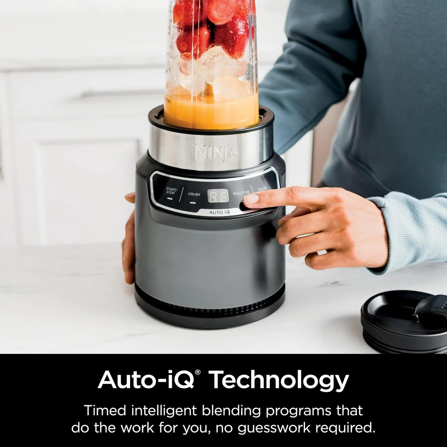 Restored Ninja BN400 Nutri Pro Compact Personal Blender, Auto-iQ Technology, 1000-Watts, for Frozen Drinks, Smoothies, Sauces & More, with 18-oz. & 24-oz. To-Go Cups & Spout Lids (Refurbished)