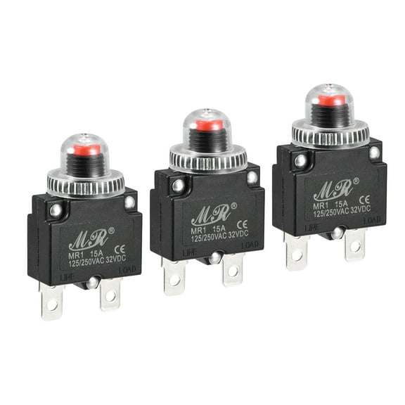 Circuit Overload Protector 15A AC125/250V DC32V Push Button Thermal Circuit Breaker with Waterproof Caps 3pcs