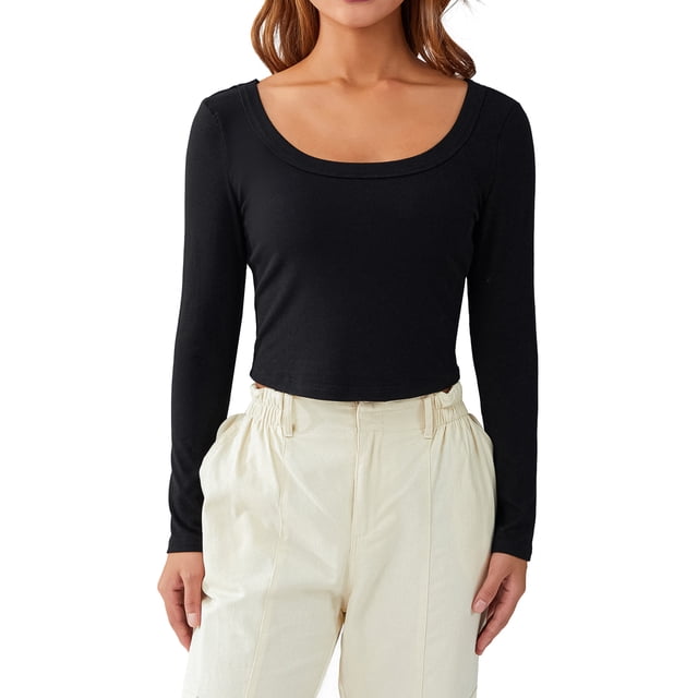 ZAXARRA Hauts Courts Mode Femme Couleur Unie Col Rond Manches Longues T-Shirts Printemps Automne Ajusté