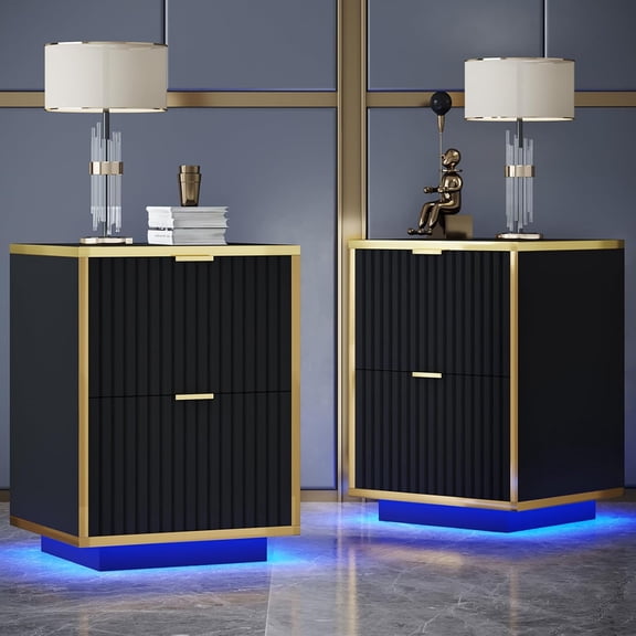 Black Nightstand Set of 2, Fluted End Table with LED, Modern Night Stand with Floating Base, Bedside Table with Storage, End Table with Drawers for Bedroom, Black and Gold