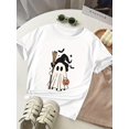 thumbnail image 1 of Boys' Halloween Graphic T-Shirt - Cute Ghost with Broomstick & Bats Design, Red Short Sleeve Round Neck Casual Top for Spring/Summer, Comfortable Kids' Shirt for Casual attire or Themed Parties, 1 of 6