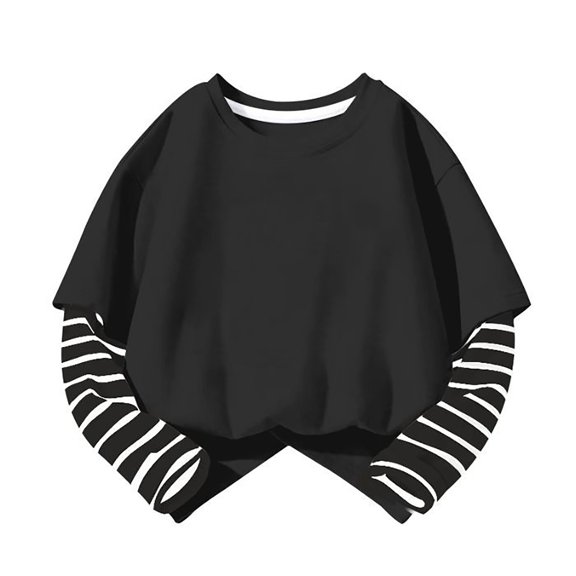 LIJCC Kid Girls Long Sleeve Crewneck Cotton Blend Shirts Casual Color Block Loose Oversized Striped Patchwork Tees Blouse Pullover Fall Basic Sweatshirts