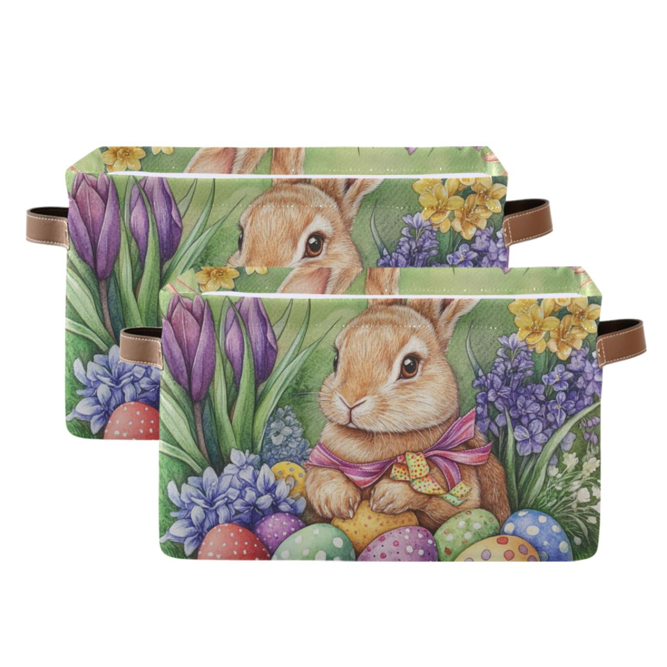 WOBOGO Easter Orange Bunny Square Storage Basket with Waterproof Canvas and PE Lining Durable PU Leather Handles 14.2×10.2×8.3in