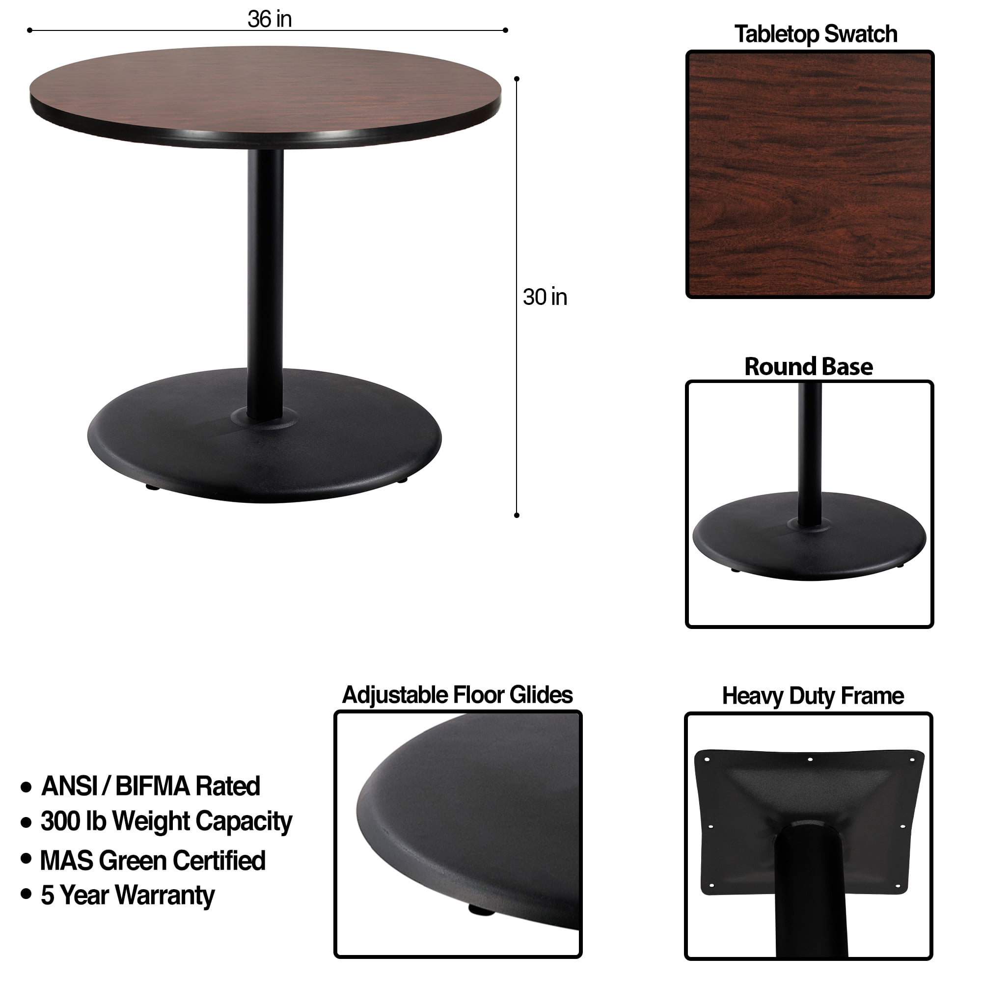 Hampden Furnishings Bennet Collection Steel Frame 36" Round Top, Round Base, 42" Height, Cafe Table, Black Frame/Mahogany Top