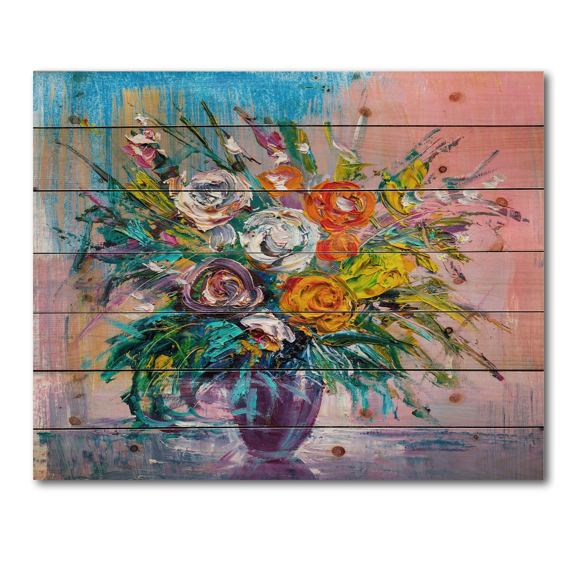 Designart 'Bouquet Of Vibrant Colored Flowers' Traditional Print on Natural Pine Wood