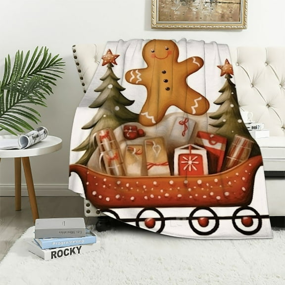 Pratyus Christmas Tree, Presents, Gingerbread Man Flannel Throw Blanket for Couch Sofa Bed, All Seasons Warm & Cozy Home Decor 40x50in