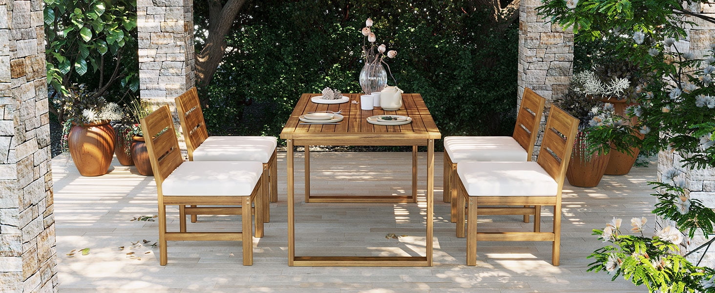 Mintazer 59" 5-Piece Outdoor Dining Set with Chairs & Cushioned, Farmhouse Patio Furniture Set for Garden Backyard Poolside, Brown & Beige