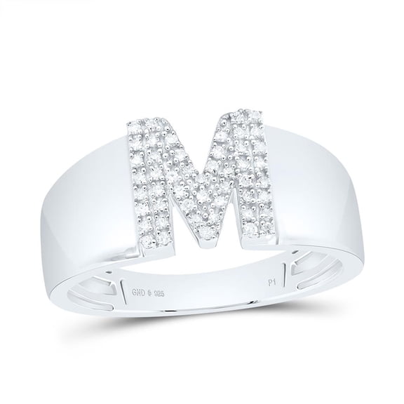 .925 Sterling Silver Diamond Women's Block Letter M Initial Band Ring 1/8 CT