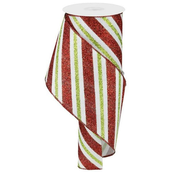 Glitter Stripes Wired Christmas Ribbon - 4" x 10 Yards, White Ribbon, Red & Green Glitter, Striped, Wreath, Winter Holiday, Garland, Gift Basket, Gift Wrapping, Bows, Presents