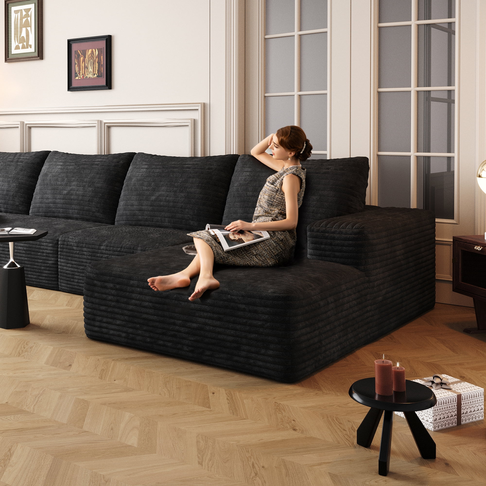 MAYEERTY 107" Cloud Sectional Couch with L-Shape Chaise, Modern Modular Deep Seat Sofa, No Assembly Plush Corduroy Fabric, Black (2 packages)