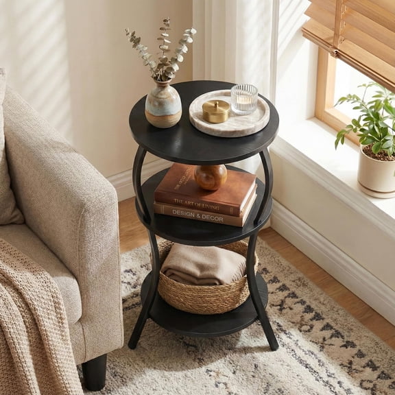 Vintage Small Round Side Table, 3-Tier Slim Waist Circular End Table with Storage Shelf, Compact Tea Sofa Table, Round Corner Coffee Table Nightstand for Living Room Bedroom Small Spaces