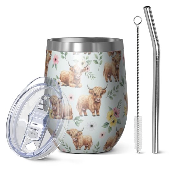 12oz Stemless Wine Tumblers Blue Highland Cow Flower Leaf Pattern Vacuum Insulated Stainless Steel Travel Tumbler Cups Mug with Lid and Straw for Champaign,Cocktail,Beer with Cleaning Brush