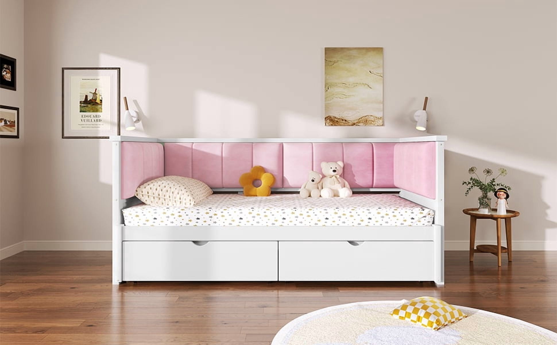 Mintazer Twin XL to King Daybed with Pink Upholstered Backrest & Storage Drawers, White