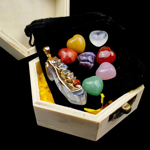 Kadlawus Mixed Color Natural Crystal Gemstone Set, Amethyst, Agate, Crystal Pendant Stones in Wooden Box, Healing Stones, Decorative Crystals, Gift Collection