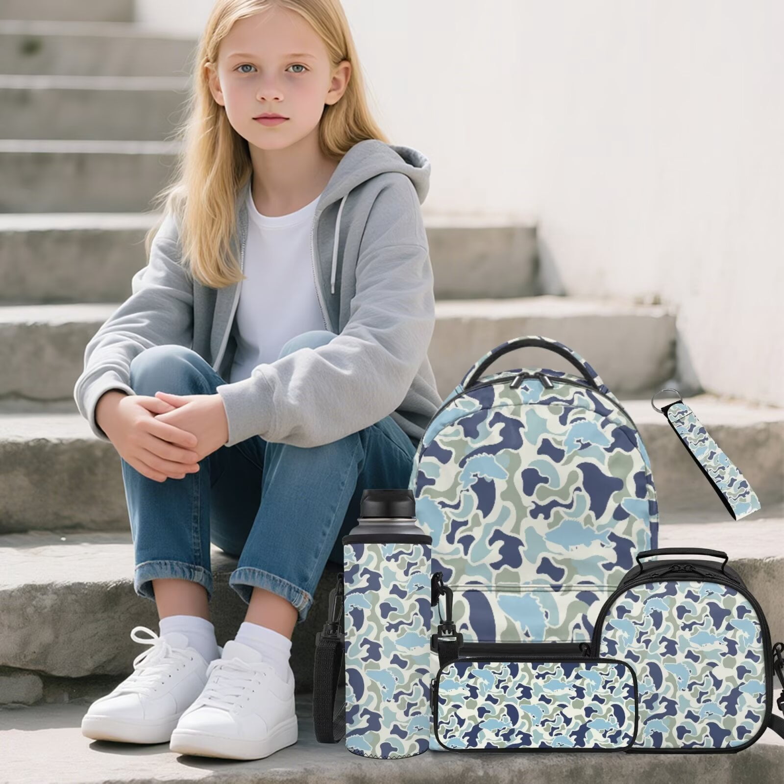 Pzuqiu Fish Camouflage Backpack for Girls 5 Piece School Bookbag with Lunch Bag Lightweight School Bag for Girls 10-12 Elementary Backpack with Water Bottle Holder Pencil Box