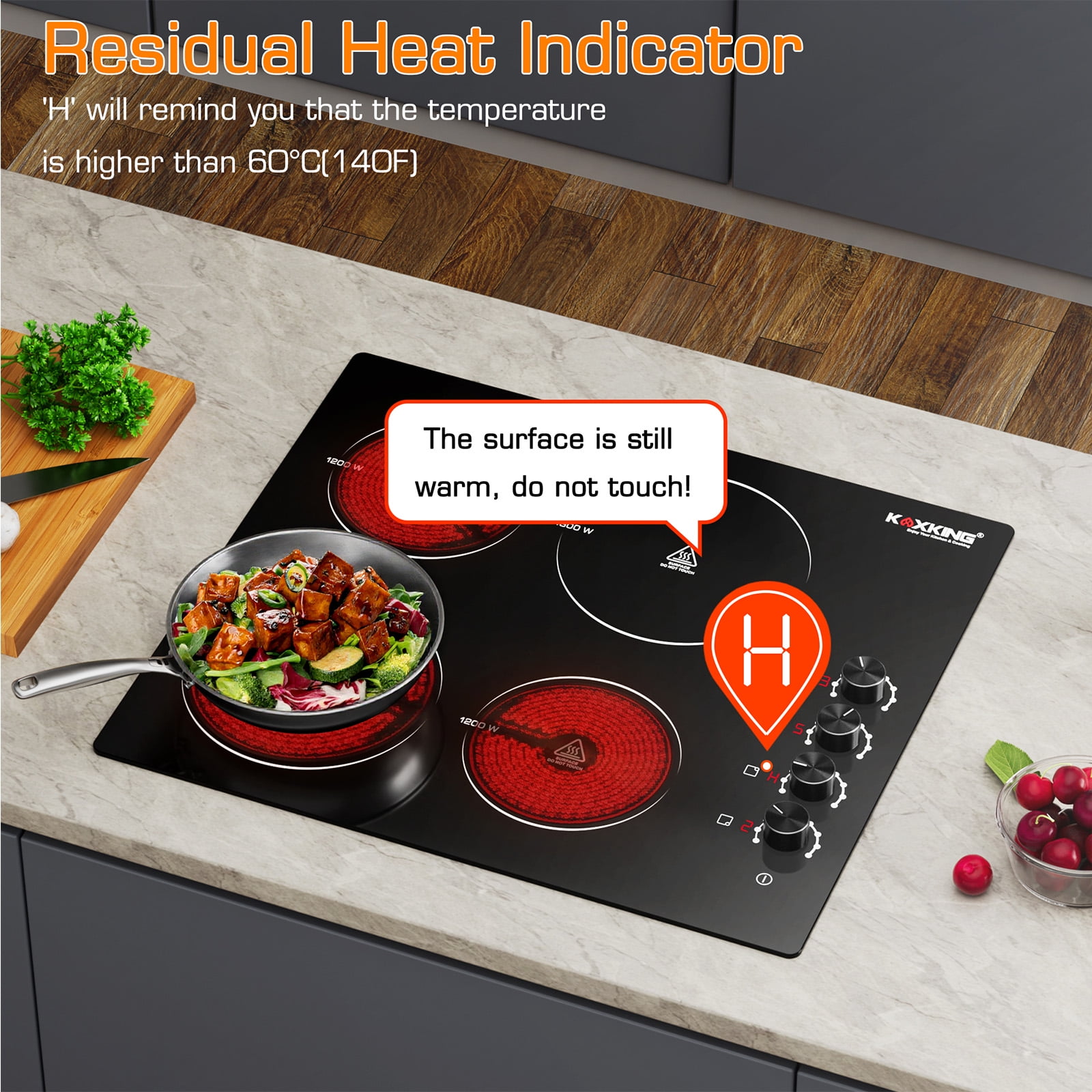 24 inch Electric Cooktop, 6000W Built-in Ceramic Stove Top with 4 Burners & Knob Control, 220-240V Drop-in Radiant Cooktop(No Plug)
