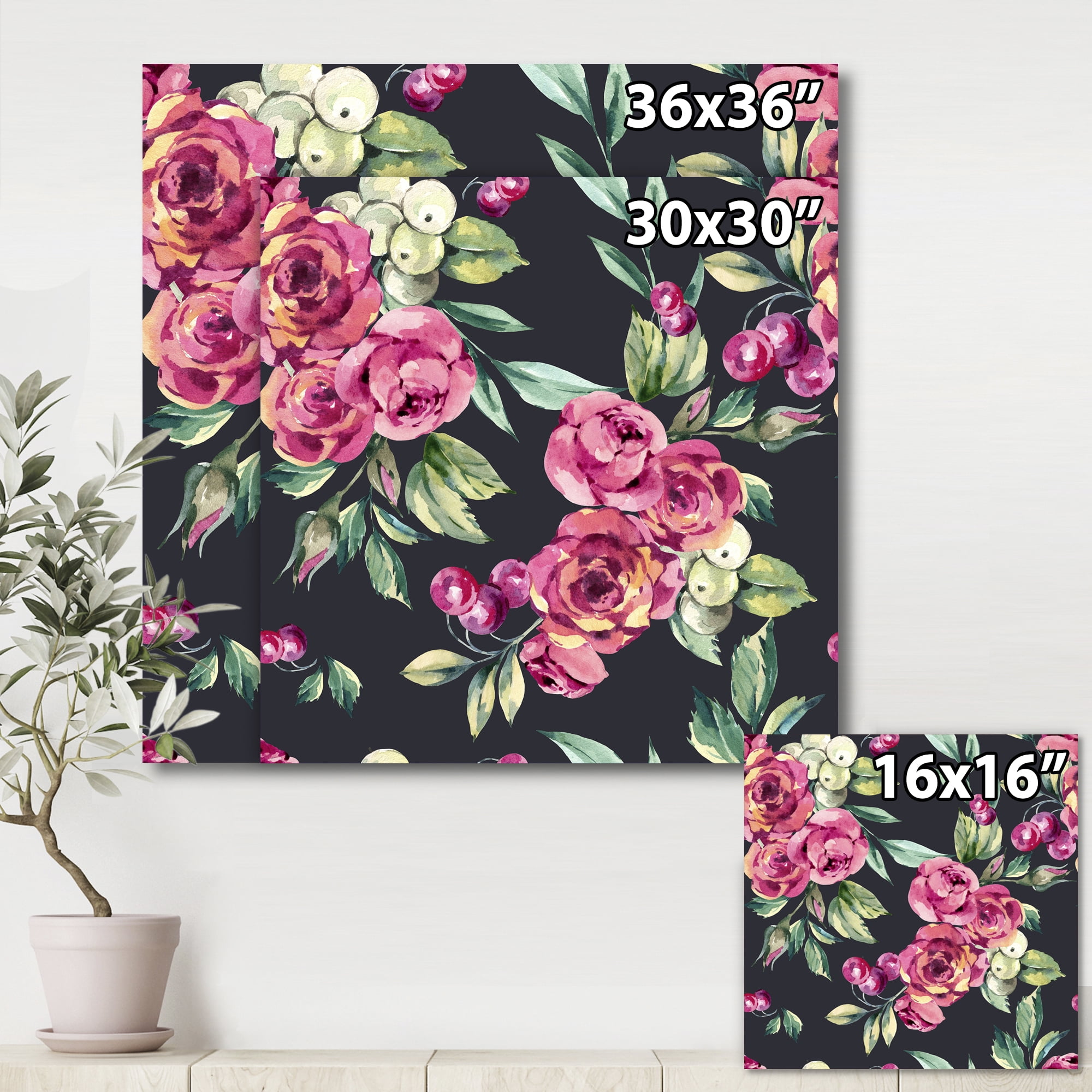 Designart ' Red VIntage Roses and Berries On Black Background ' Farmhouse Canvas Wall Art Print