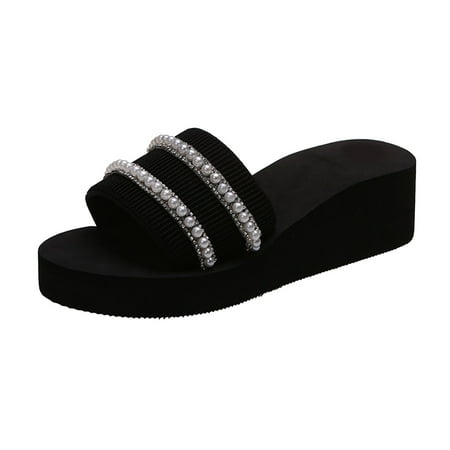 

Slippers for Women Ladies Fashion Solid Color Pearl Rhinestone Platform Wedge Heel Open Toe Slippers Womens Slippers Cloth Black 40