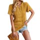 thumbnail image 1 of Camiseta informal de Color puro plisada con ribete de botones y cuello en V con mangas cortas para mujer, 1 of 8