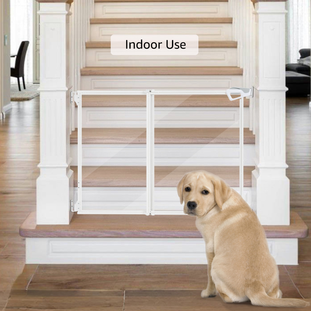 unipaws Clear Dog Gate, No Bottom Bar Pet Safety Gate for Doorways Hallways Stairs, Walk Thru Design with One-Hand Dual Swing Door, Indoor and Outdoor Use, Adjustable 28" to 43.5" Wide, 30" Tall