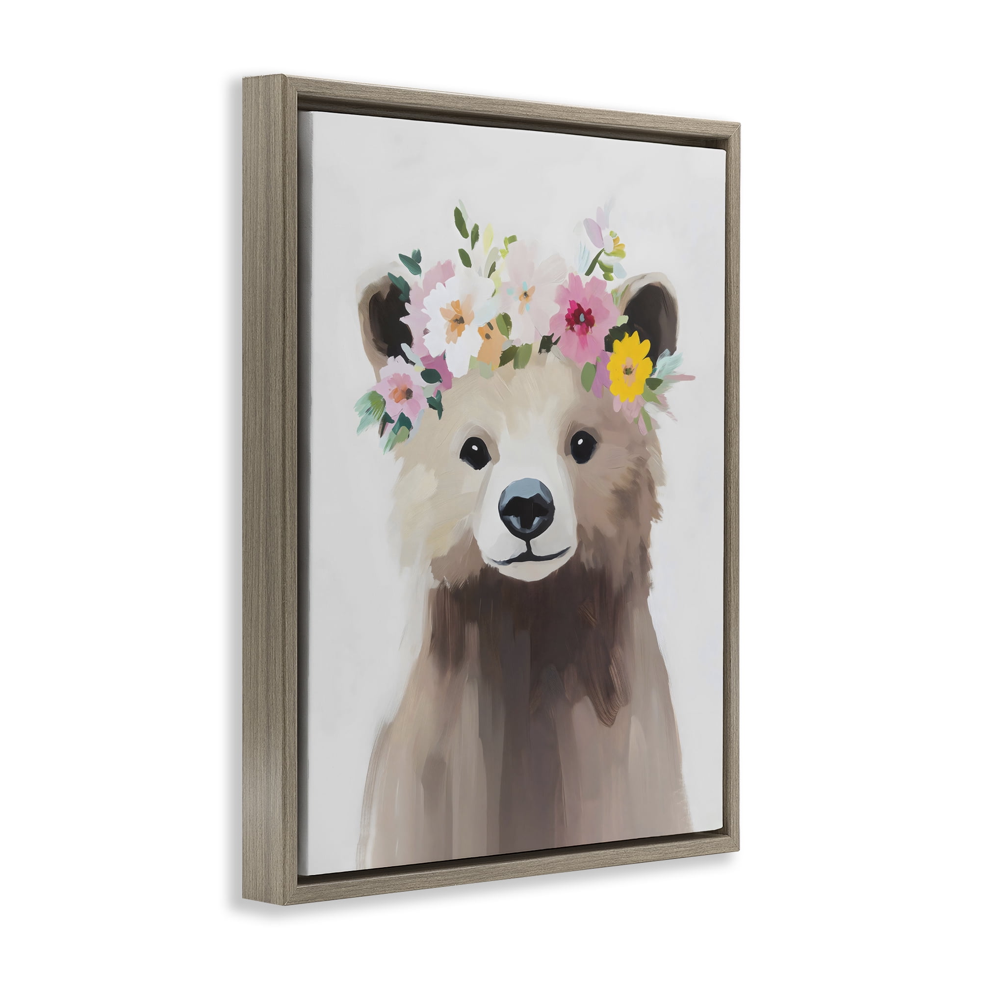 Stupell Industries Flower Crown Bear Brown Framed Floater Canvas Wall Art, design by The Prints Vibe