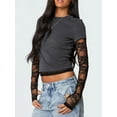 thumbnail image 4 of Women'S T-Shirt Slim Fit Lace Panel Sleeves Crop Top with Thumb Hole Round Neck Y2K Style for A Trendy Look Dark Gray L, 4 of 5