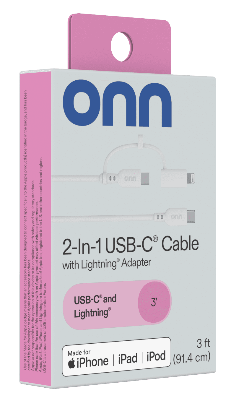 (5 pack) onn 3ft 2-in-1 Charging Cable with USB-C and Lightning Connectors, MFi Certified, White - Compatible with iPhone, Samsung, Pixel, iPad Pro