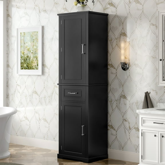 Euroco Tall Bathroom Storage Cabinet, Freestanding Storage Cabinet with Two Different Size Doors and Adjustable Shelf, Door Shelve Design, MDF Board with Painted Finish, Black