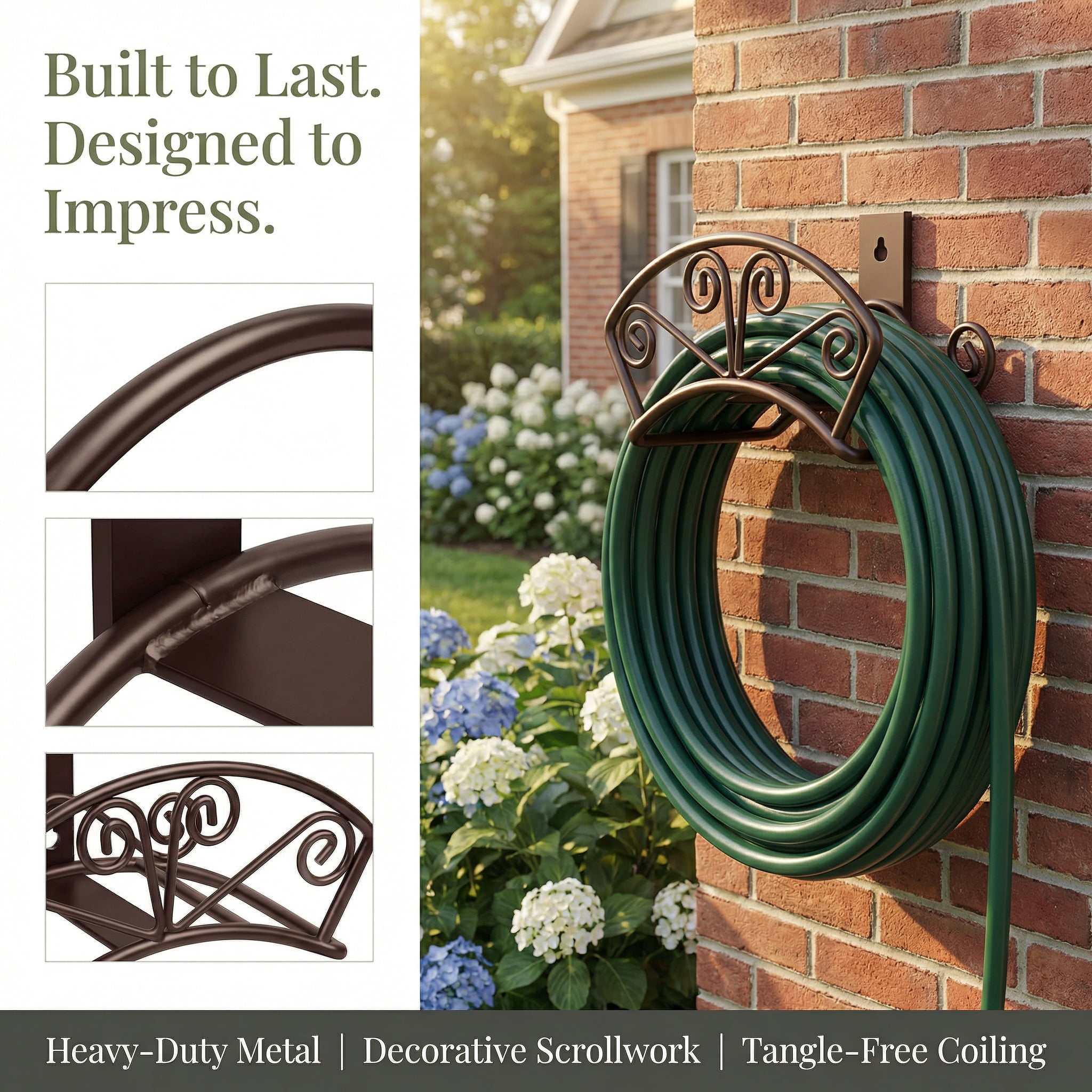 Garden Hose Holder Heavy Duty Water Hose Holder Solid Metal Hoses Hanger Wall Mount Decorative Durable Garden Hoses Storage Hose Reel Hose Organizer for Outside Yard, Bronze