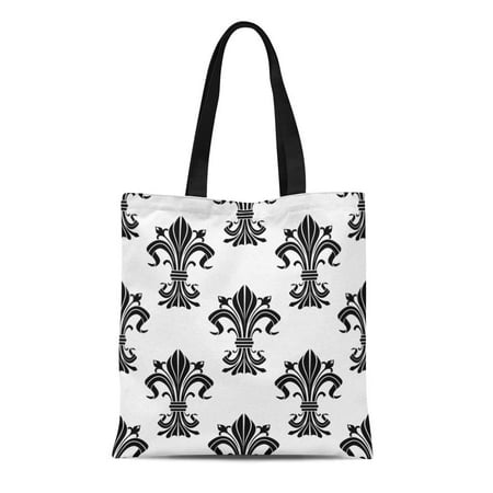 Fleur De Iris KDAGR Canvas Tote Bag Black and White Fleur De Lis Elegant Iris Buds Reusable Shoulder Grocery Shopping Bags Handbag ()